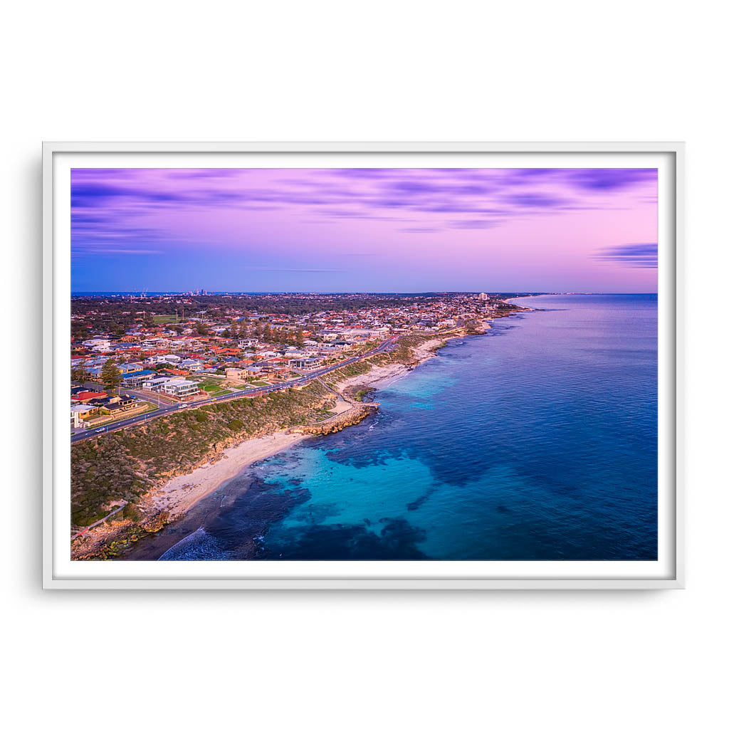 Twilight aerial view of North Beach in Perth, Western Australia framed in white