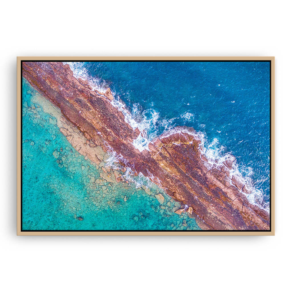 Abstract aerial of Port Gregory reefs in Western Australia framed canvas in raw oak