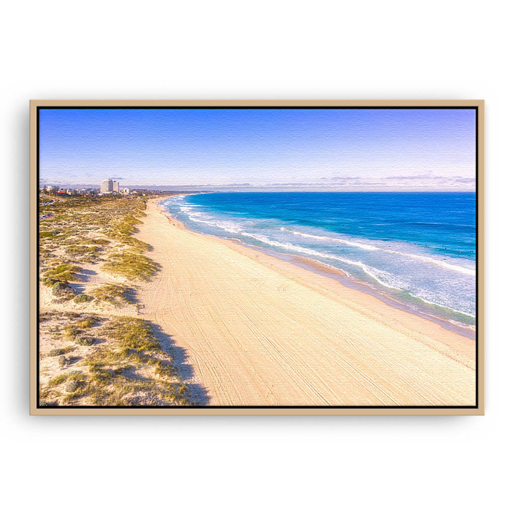 Winters morning at Trigg Beach in Perth, Western Australia framed canvas in raw oak