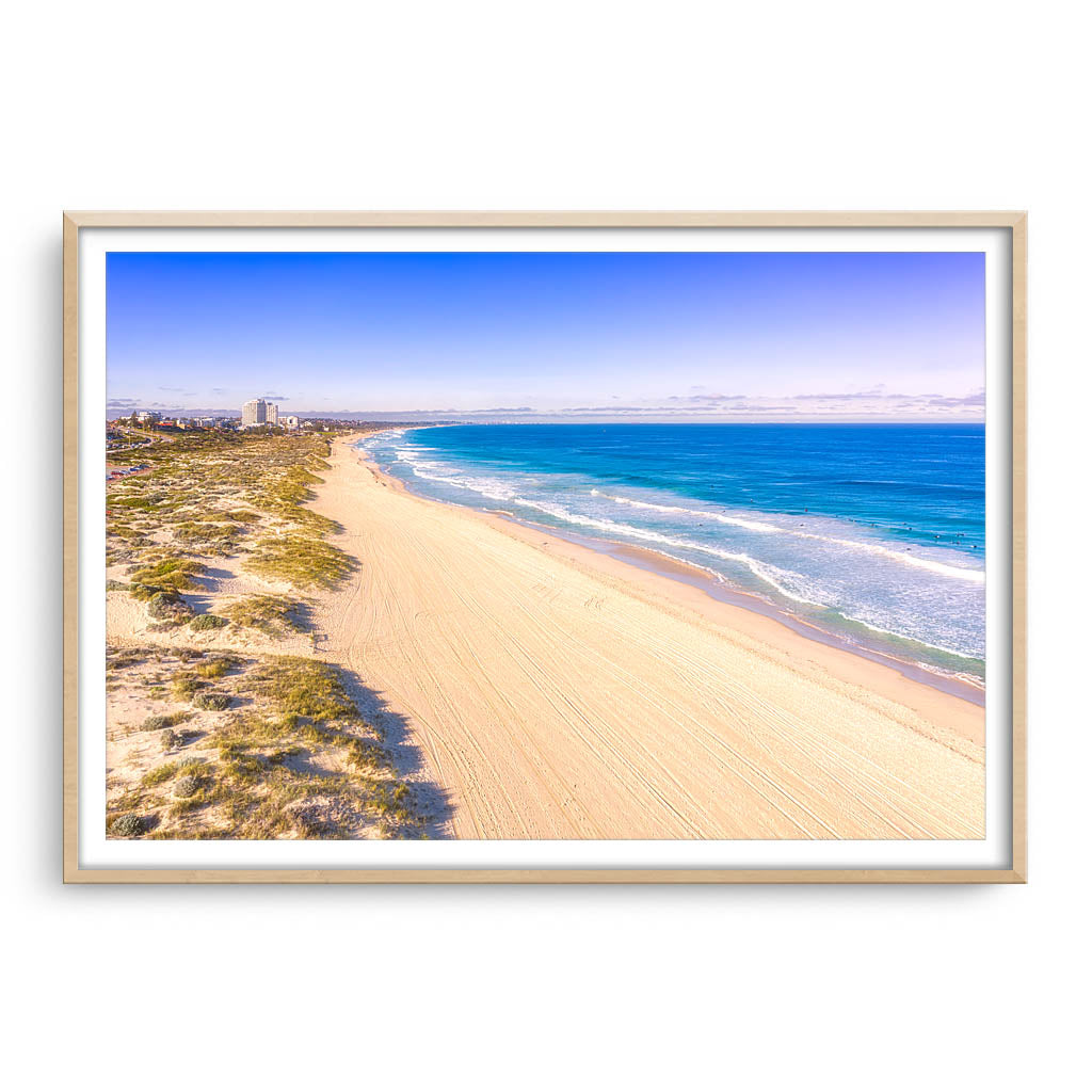 Winters morning at Trigg Beach in Perth, Western Australia framed in raw oak