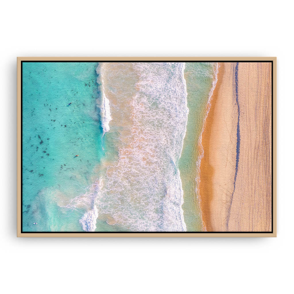 Aerial view of Trigg Beach in Perth, Western Australia framed canvas in raw oak