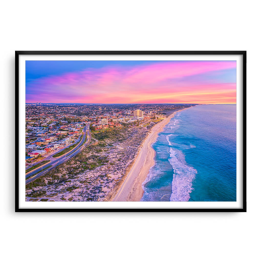 Aerial view of Scarborough Beach at sunset in Perth, Western Australia framed in black