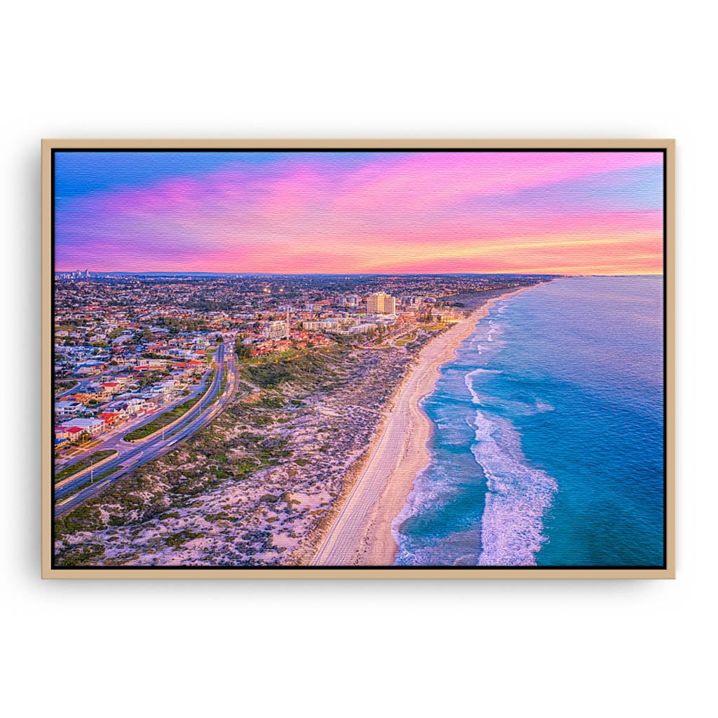 Aerial view of Scarborough Beach at sunset in Perth, Western Australia framed canvas in raw oak