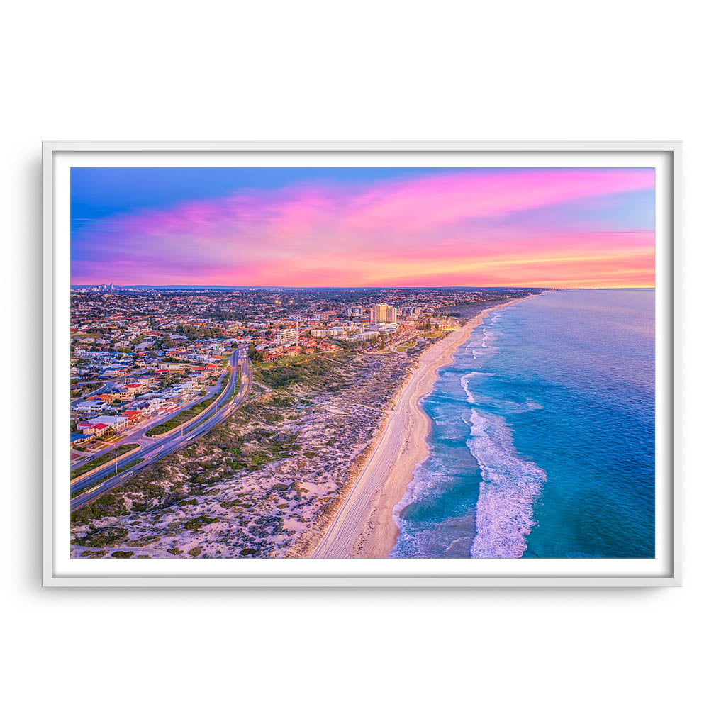 Aerial view of Scarborough Beach at sunset in Perth, Western Australia framed in white