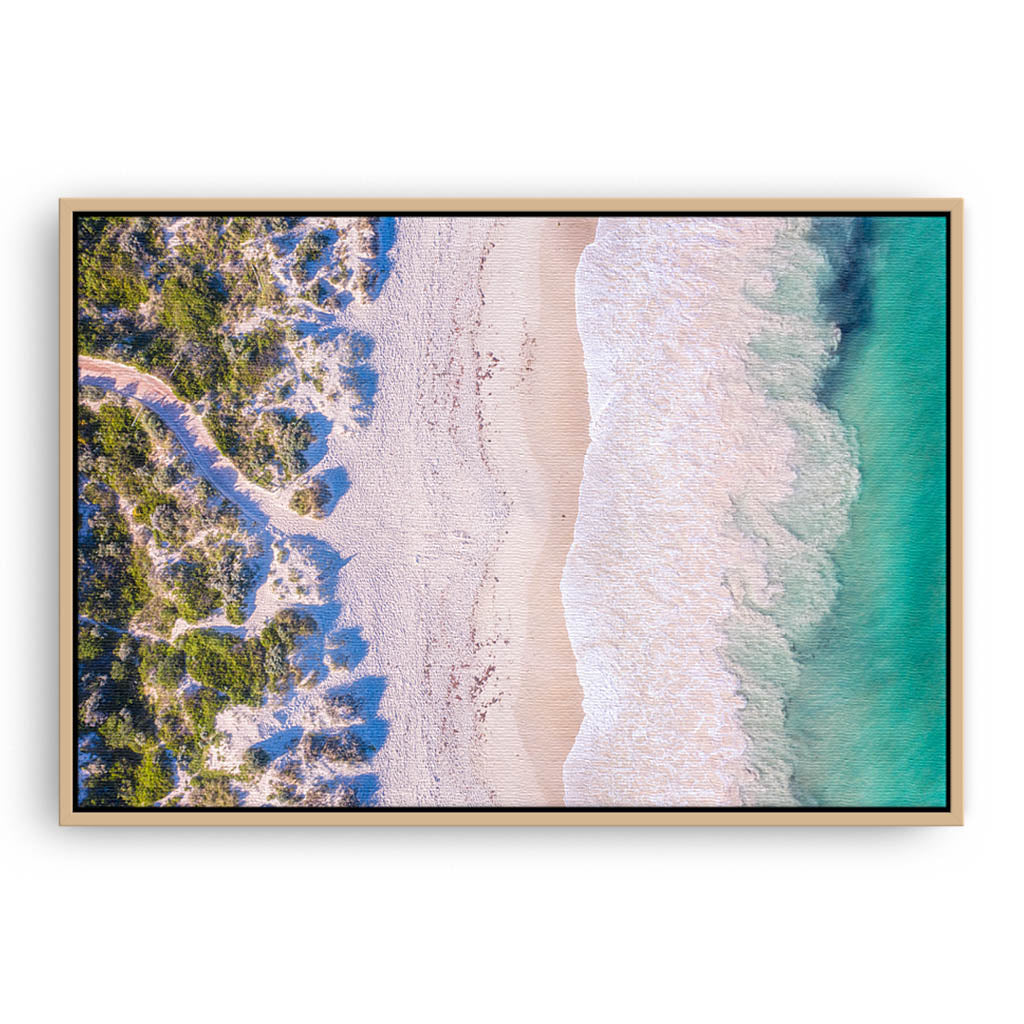 Aerial view of Mullaloo Beach in Perth, Western Australia framed canvas in raw oak