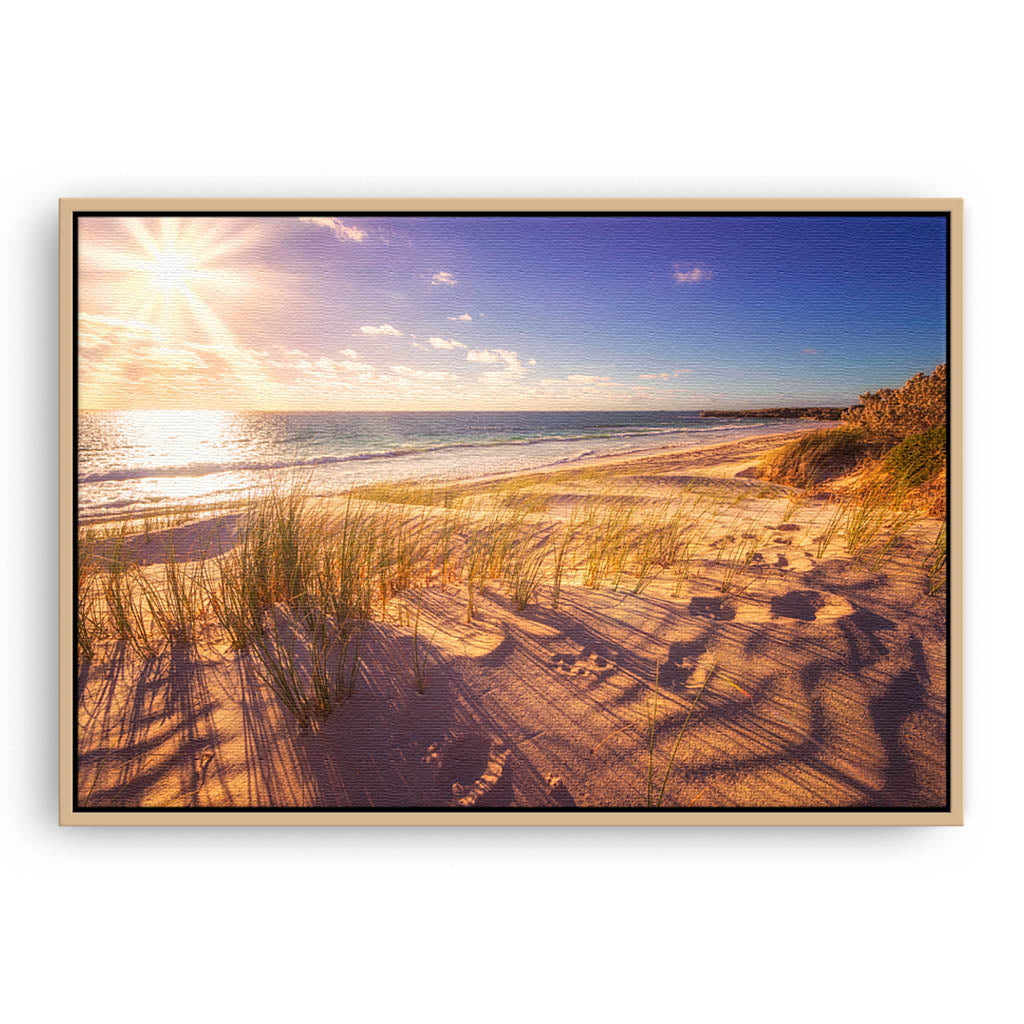 Sunset over the dunes of Sandy Cape in Western Australia framed canvas in raw oak