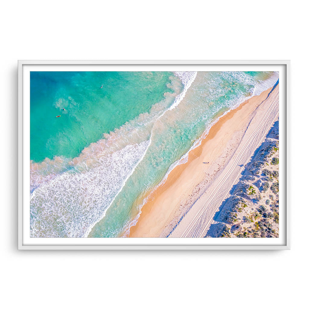 Aerial view of surf at Trigg Beach in Perth, Western Australia framed in white