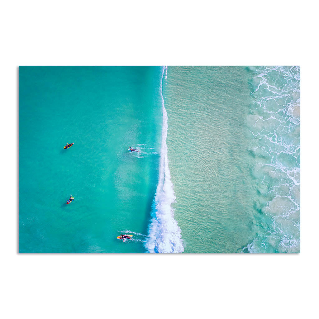 Aerial view of surfers at Trigg Beach in Perth, Western Australia