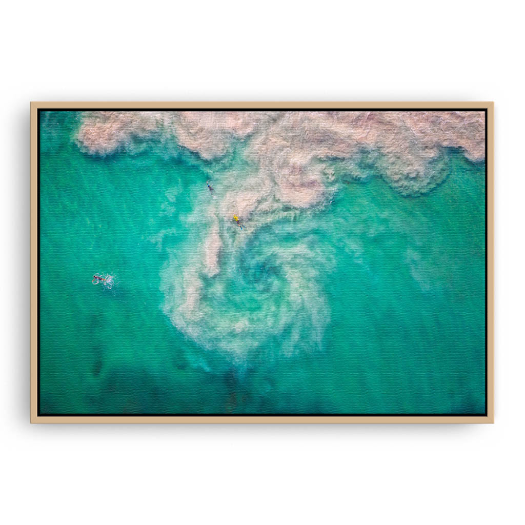 Aerial view of a rip at Mullaloo Beach in Perth, Western Australia framed canvas in raw oak