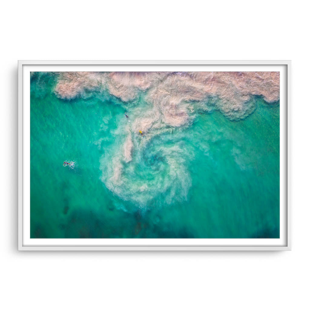 Aerial view of a rip at Mullaloo Beach in Perth, Western Australia framed in white