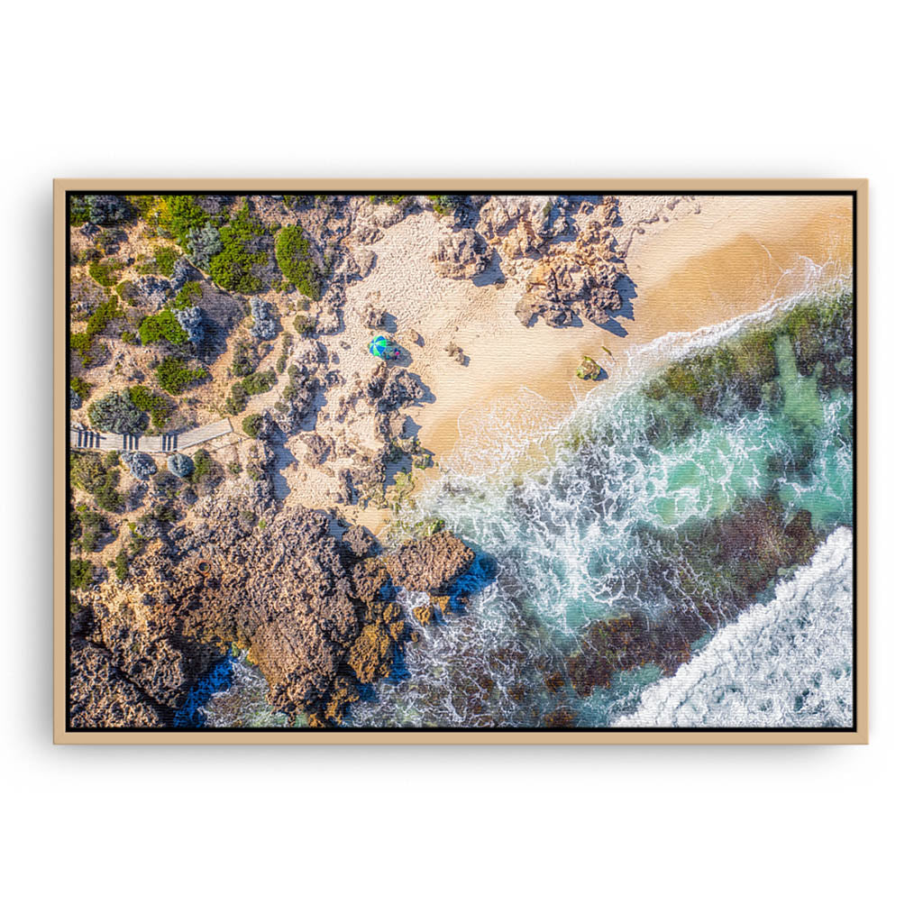 Aerial view of North Beach in Perth, Western Australia framed canvas in raw oak