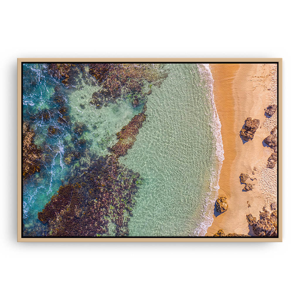 Aerial view of Perth Beach in Western Australia framed canvas in raw oak