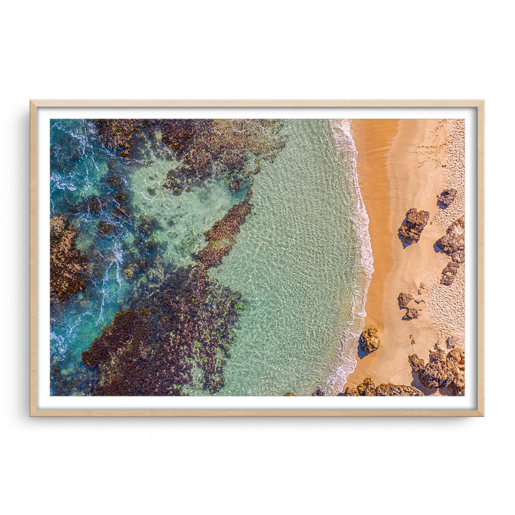 Aerial view of Perth Beach in Western Australia framed in raw oak