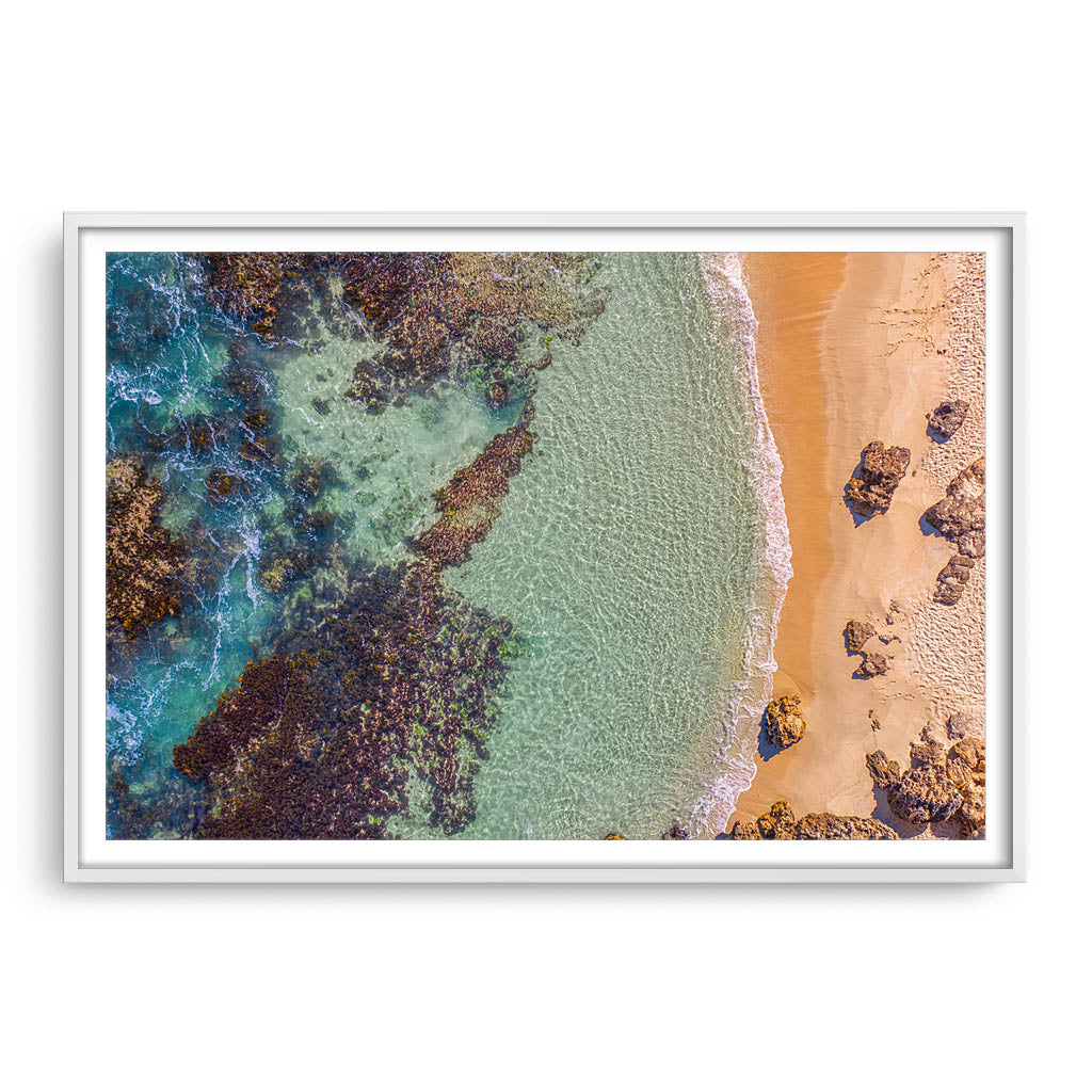Aerial view of Perth Beach in Western Australia framed in white