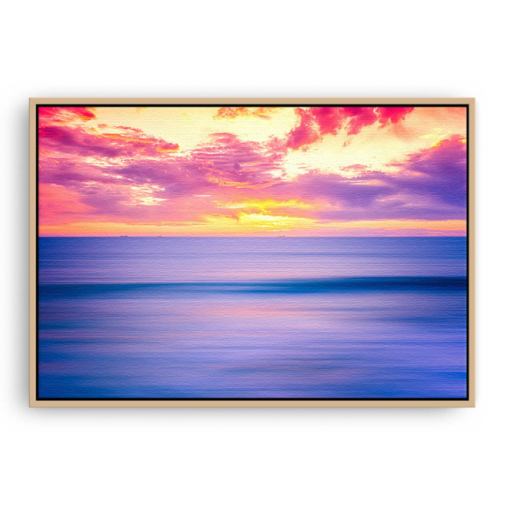 Sunset over Bennion Beach in Perth, Western Australia framed canvas in raw oak