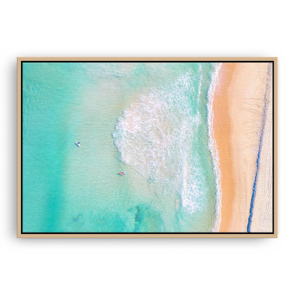 Aerial view of Trigg Beach in Perth, Western Australia framed canvas in raw oak