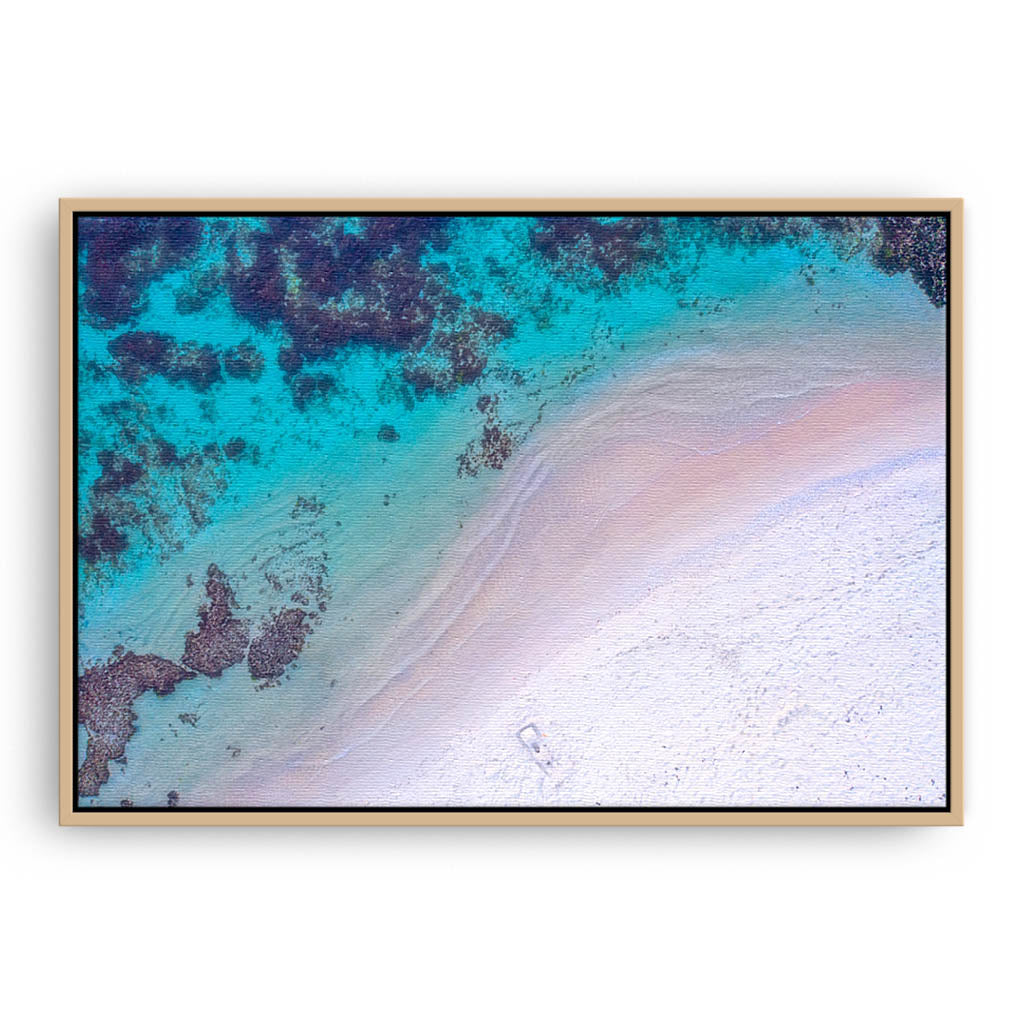 Aerial view of Mettams Beach in Perth, Western Australia framed canvas in raw oak