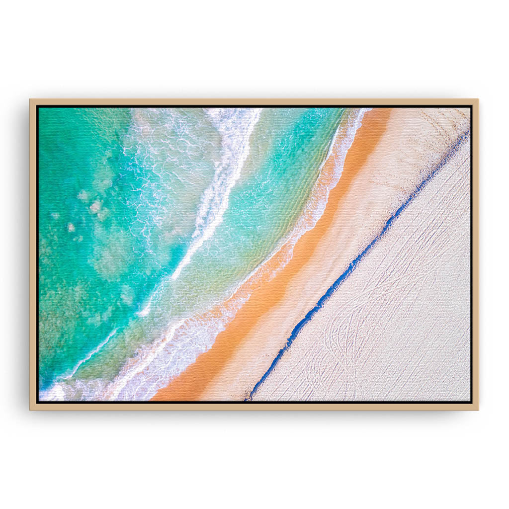 Aerial view of Trigg Beach in Perth, Western Australia framed canvas in raw oak