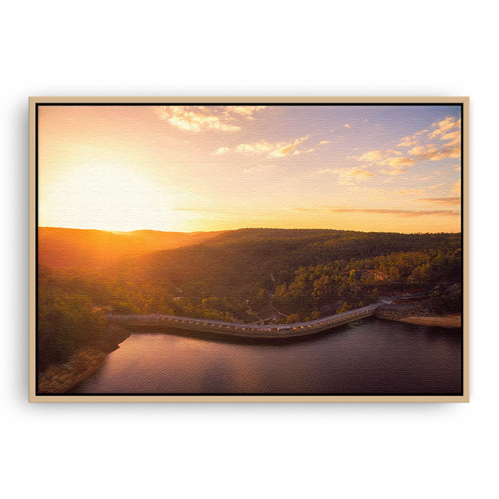 Sunset over Collie Dam in Western Australia framed canvas in raw oak