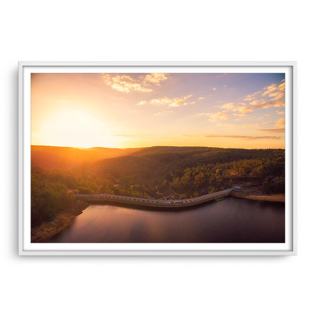 Sunset over Collie Dam in Western Australia framed in white