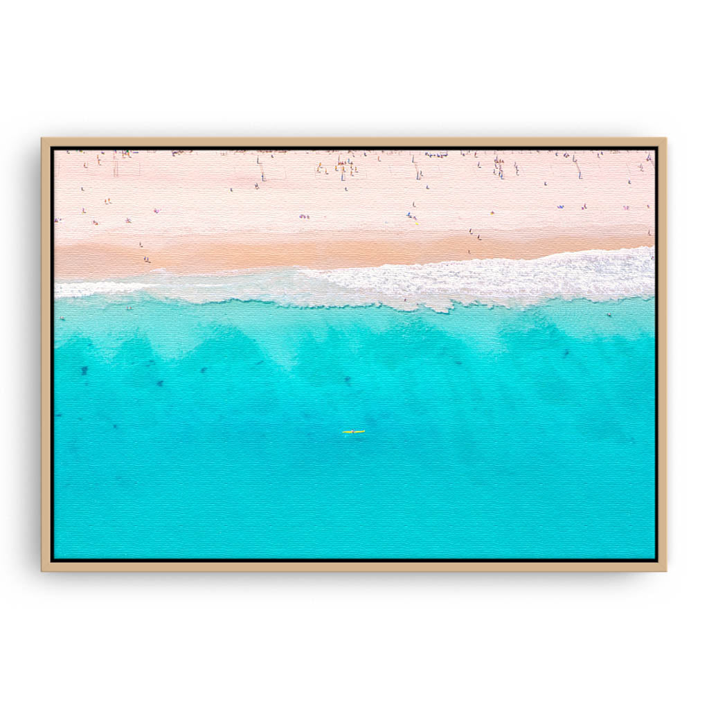 Aerial view of Scarborough in Perth, Western Australia framed canvas in raw oak