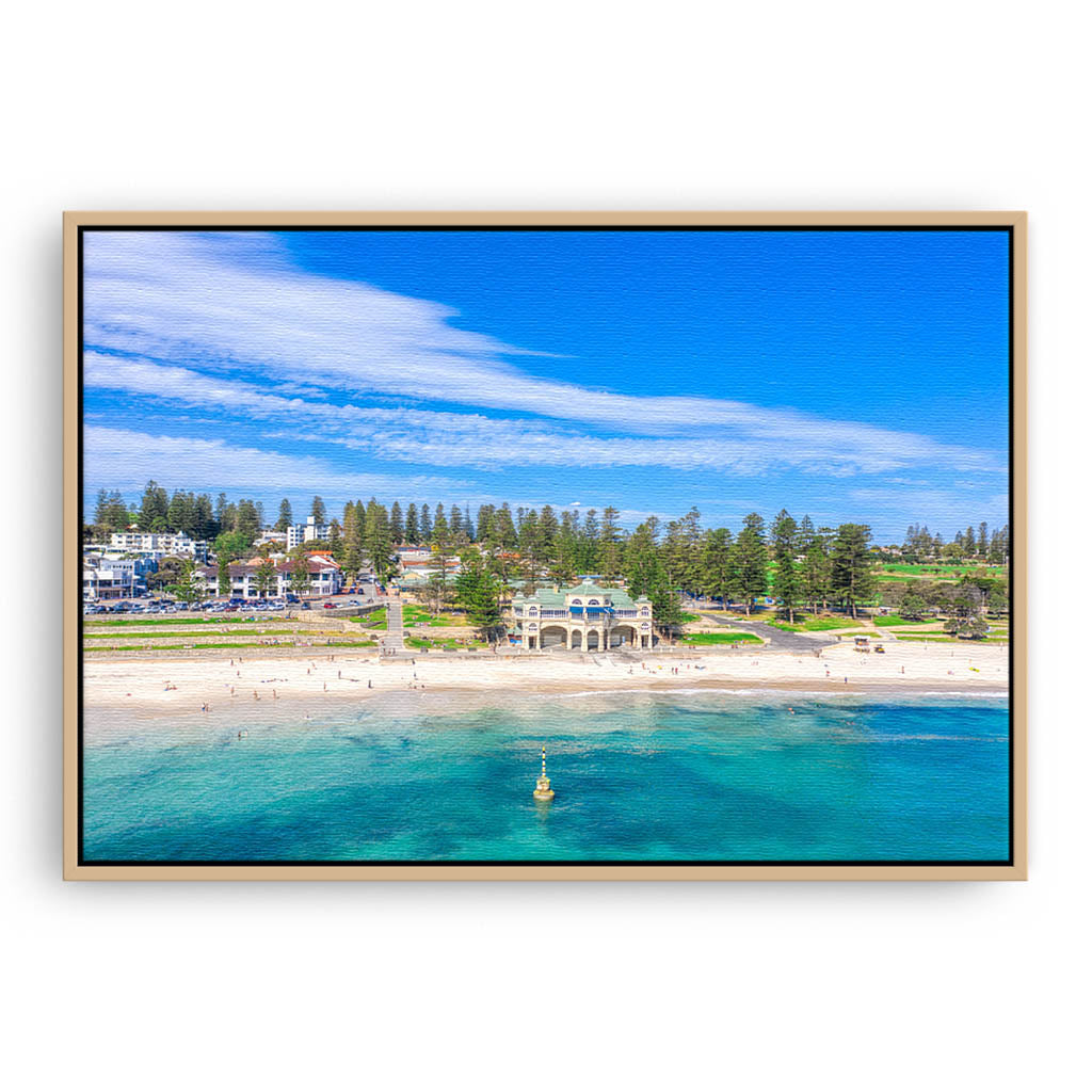 Aerial view of Cottesloe Beach in Perth, Western Australia framed canvas in raw oak