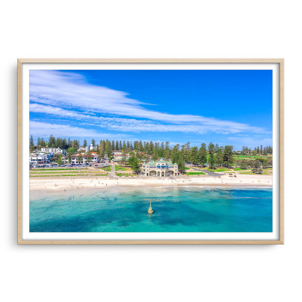 Aerial view of Cottesloe Beach in Perth, Western Australia framed in raw oak