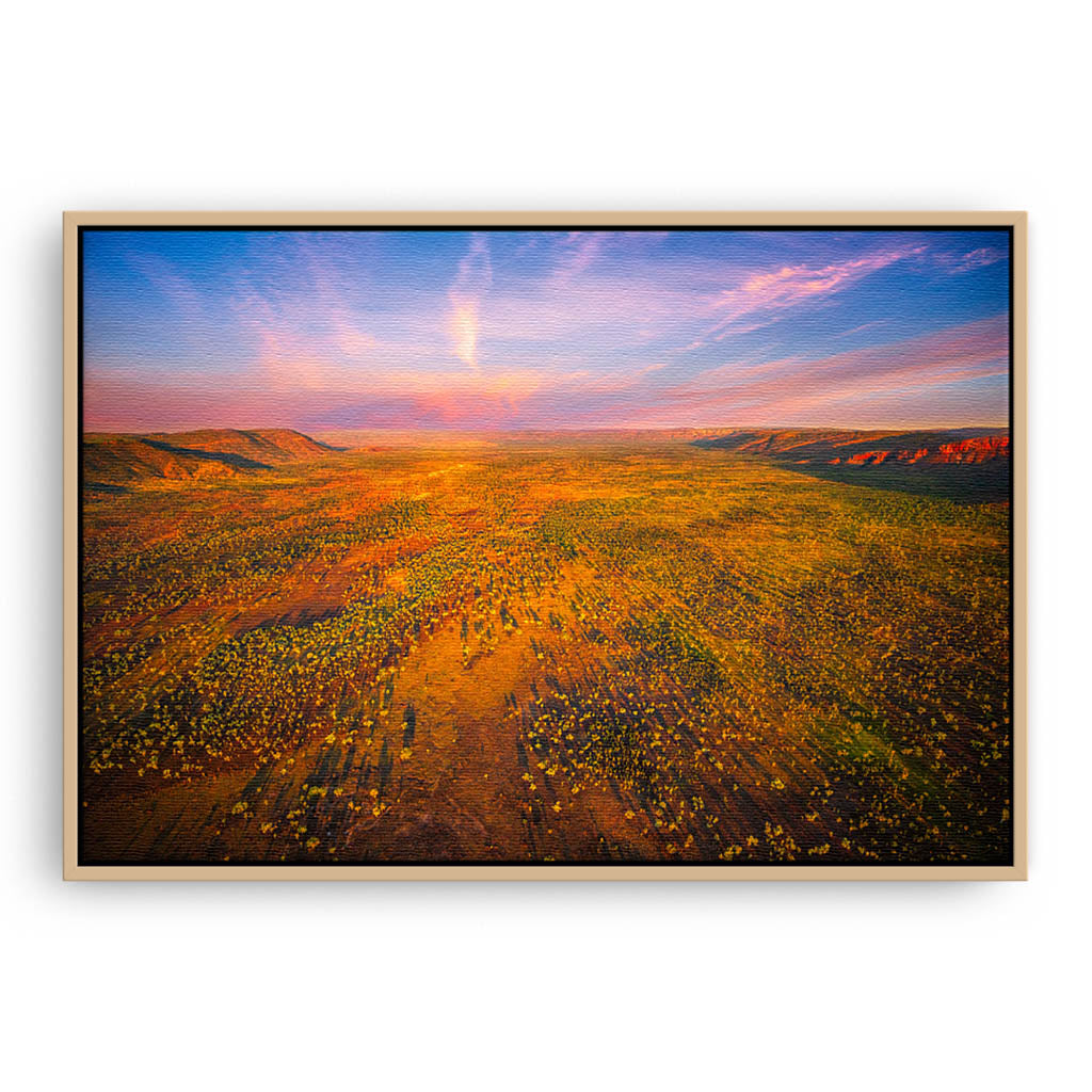 Aerial view of the Kimberley in Western Australia framed canvas in raw oak