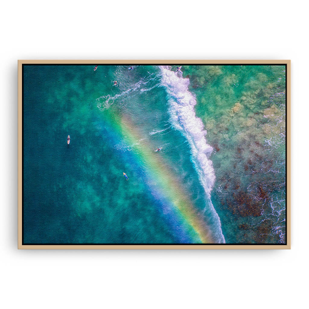 Rainbow wave in Perth, Western Australia framed canvas in raw oak