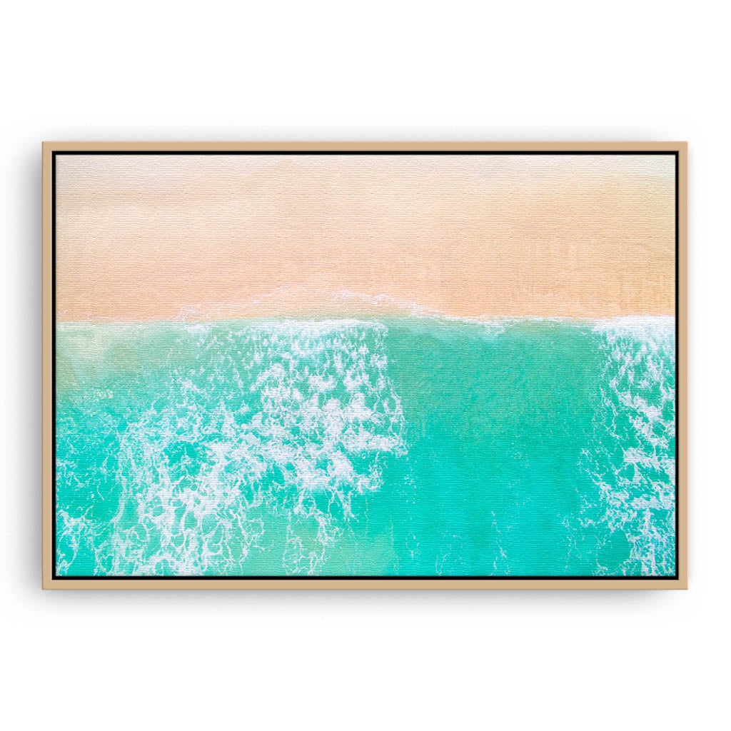 Aerial view of Trigg Beach in Perth, Western Australia framed canvas in raw oak