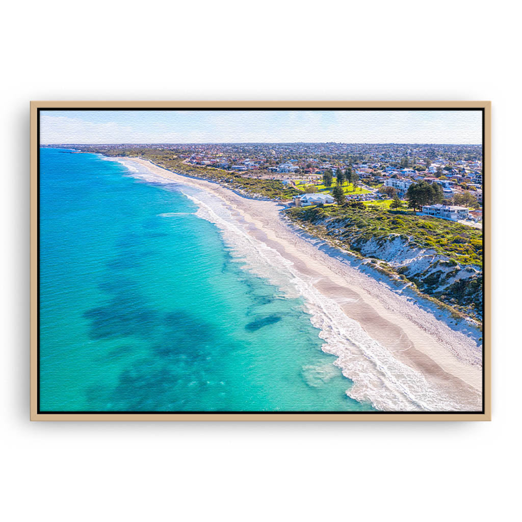 Aerial view of Mullaloo Beach in Perth, Western Australia framed canvas in raw oak