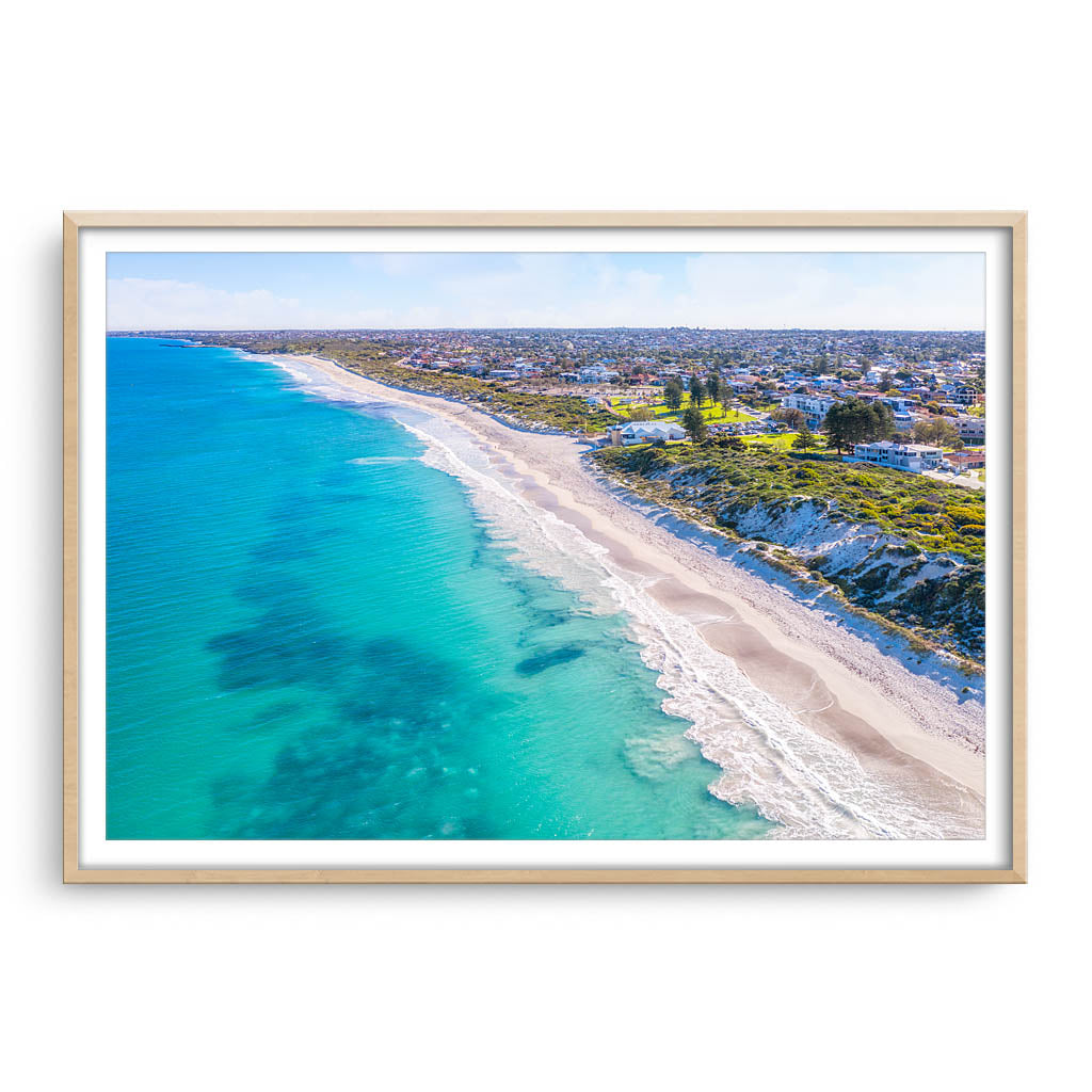 Aerial view of Mullaloo Beach in Perth, Western Australia framed in raw oak