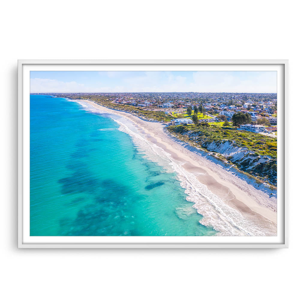 Aerial view of Mullaloo Beach in Perth, Western Australia framed in white