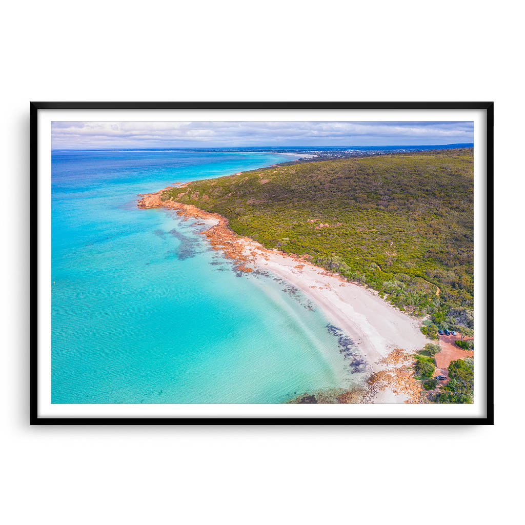 Aerial view of Castle Bay in SW of Western Australia framed in black