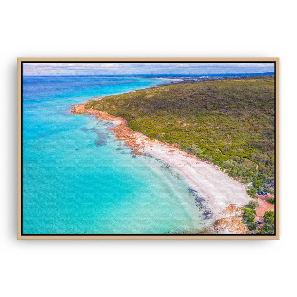 Aerial view of Castle Bay in SW of Western Australia framed canvas in raw oak