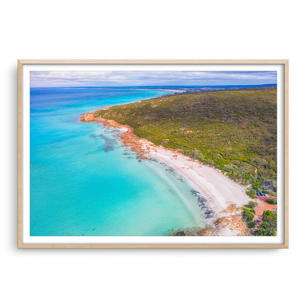 Aerial view of Castle Bay in SW of Western Australia framed in raw oak