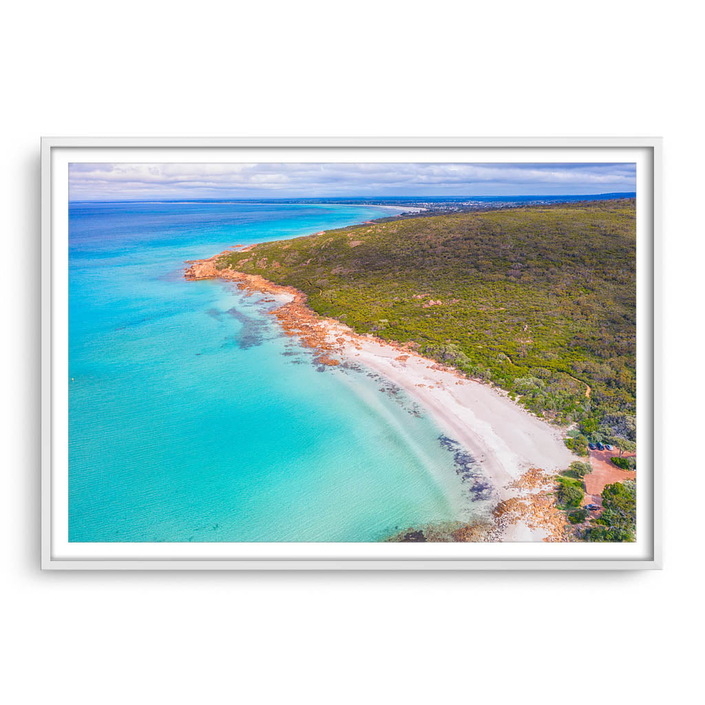 Aerial view of Castle Bay in SW of Western Australia framed in white