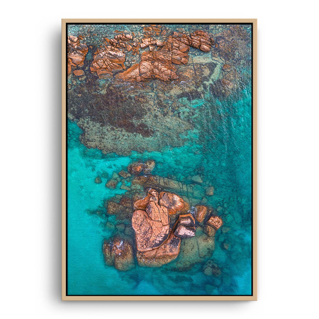 Aerial view of Gannet Rock in South Western Australia framed canvas in raw oak
