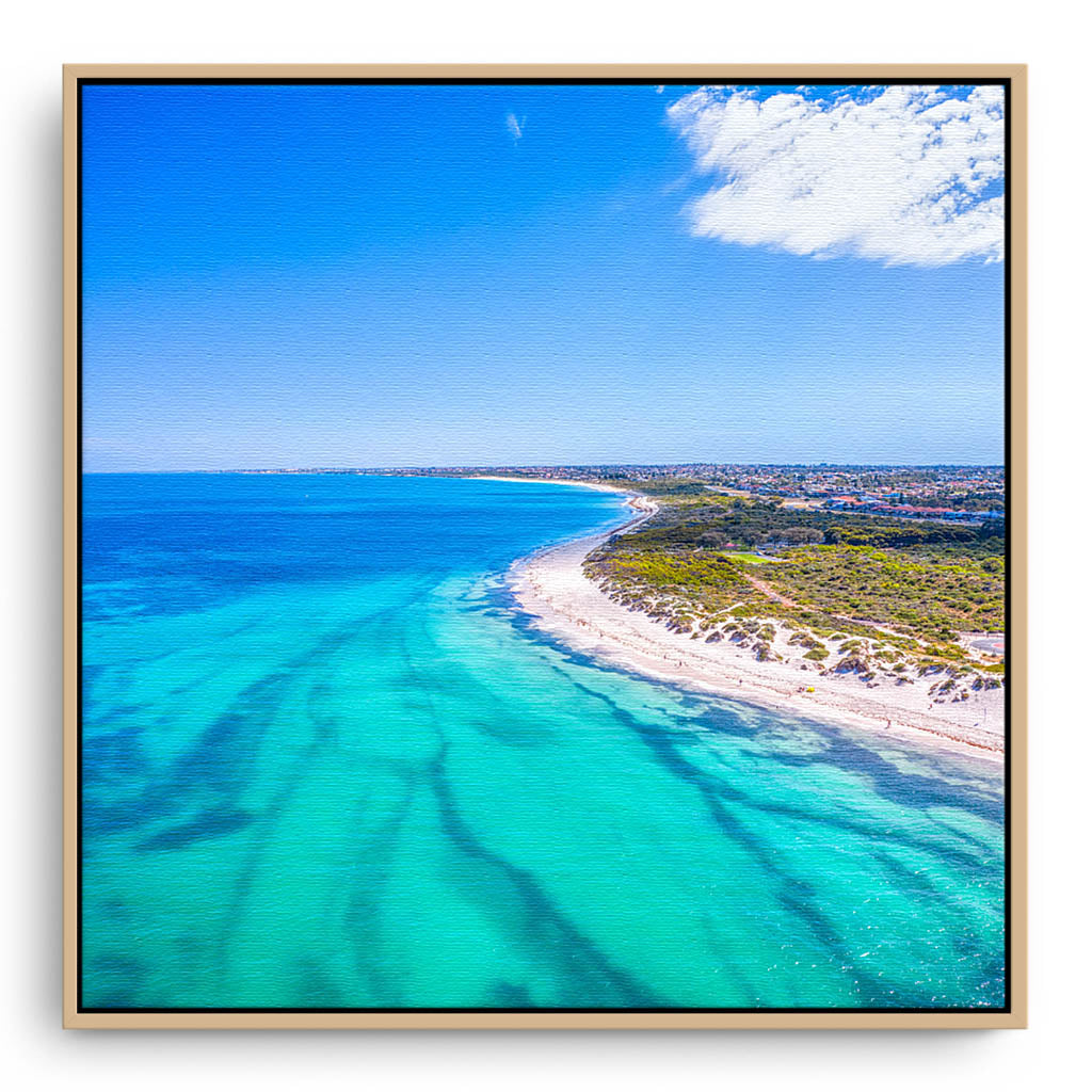 Aerial view of Pinnaroo Point in Perth, Western Australia framed canvas in raw oak