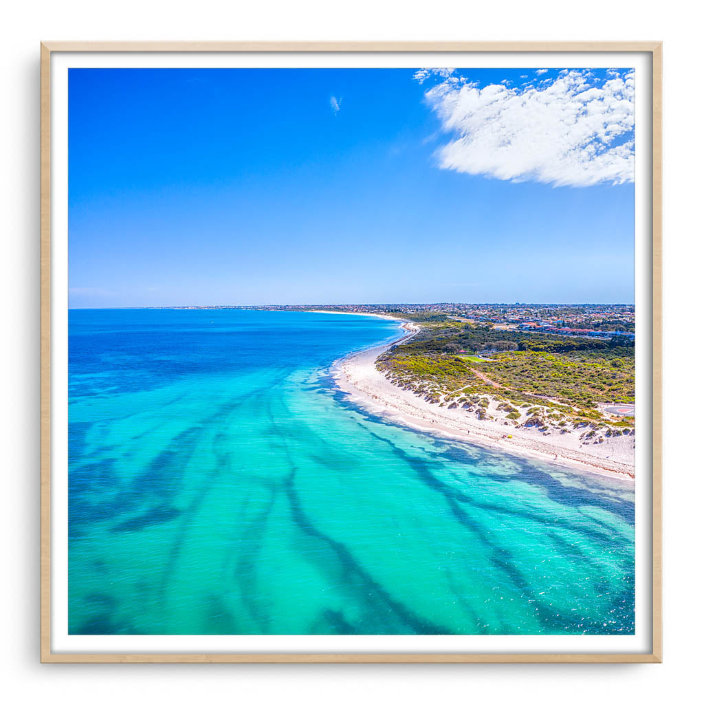 Aerial view of Pinnaroo Point in Perth, Western Australia framed in raw oak