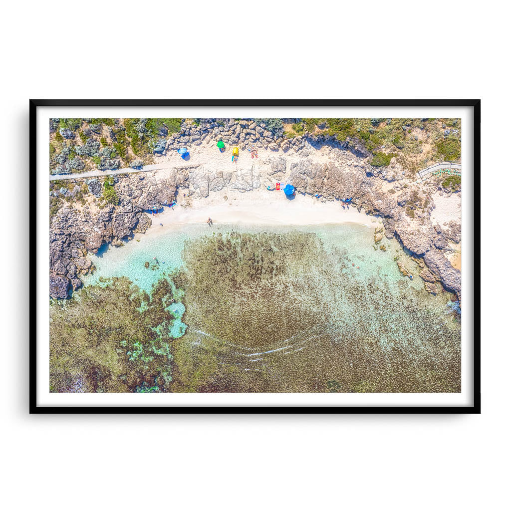 Aerial view of Mettams Pool in Perth, Western Australia framed in black