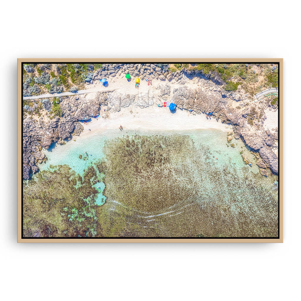 Aerial view of Mettams Pool in Perth, Western Australia framed canvas in raw oak