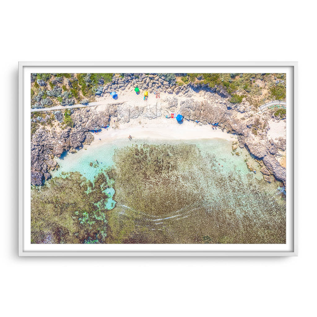 Aerial view of Mettams Pool in Perth, Western Australia framed in white