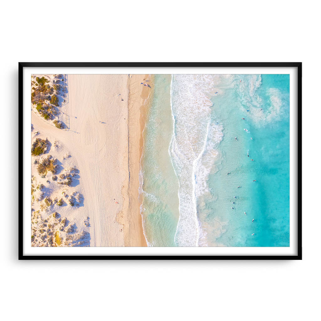 Aerial view of Scarborough Beach in Western Australia framed in black