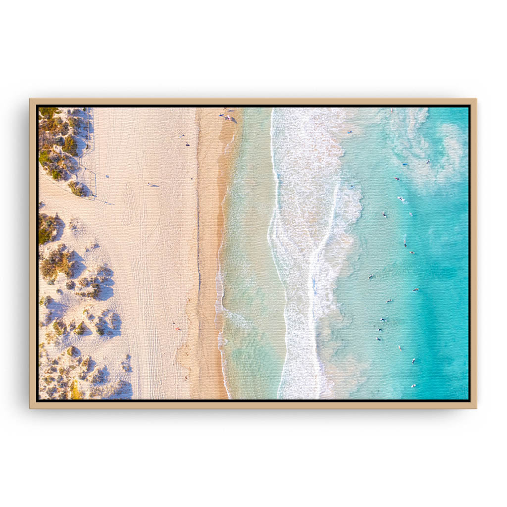 Aerial view of Scarborough Beach in Western Australia framed canvas in raw oak