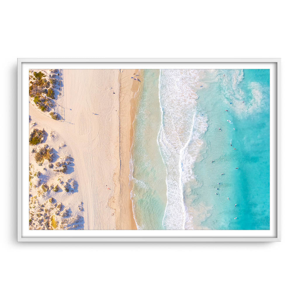 Aerial view of Scarborough Beach in Western Australia framed in white