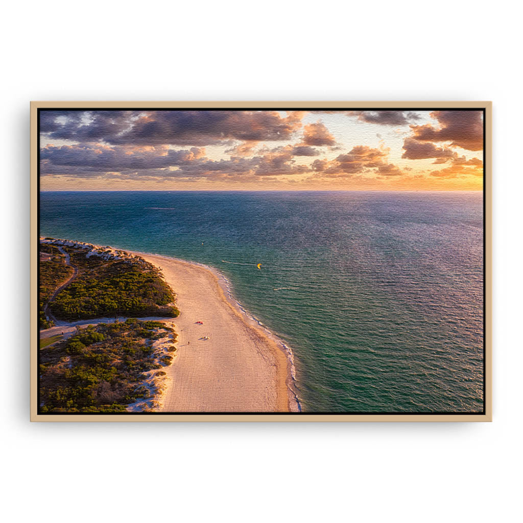 Aerial view of kitesurfer at Pinnaroo Point in Western Australia framed canvas in raw oak