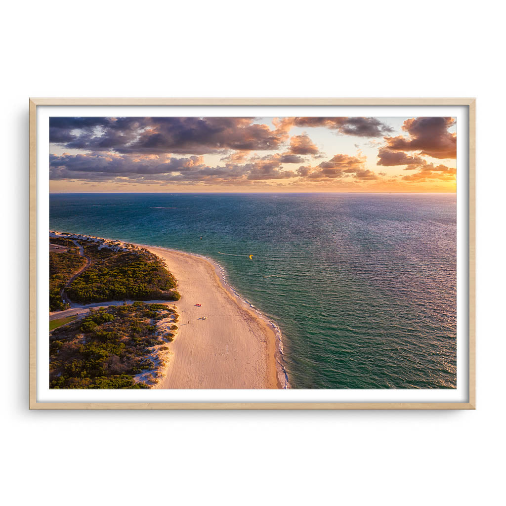 Aerial view of kitesurfer at Pinnaroo Point in Western Australia framed in raw oak